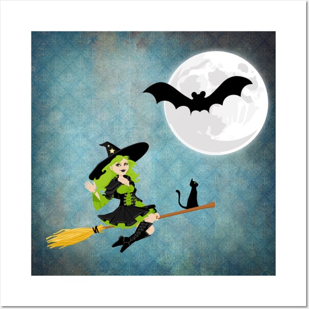 Green Haired Witch Flying on Broom With Cat Wall Art by TNMGRAPHICS